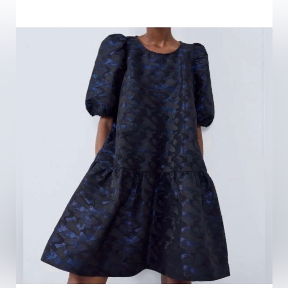 Zara Jacquard Blue Black Bubble Dress